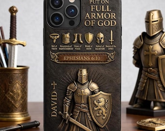 Funda personalizada para teléfono con diseño de la Armadura de Dios en 2D, funda con nombre personalizado y versículo bíblico de caballero, funda para teléfono con la frase Efesios 6:10 y la fe.