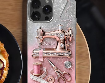 Personalized Sewing Phone Case 2D Flat, Custom Name Seamstress iPhone Case, Pink Glitter Sewing Machine Cover, Tailor Gift for Her