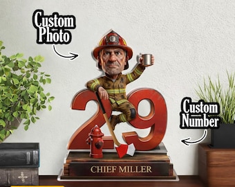Regalo personalizado de bombero con foto personalizada, bloques acrílicos planos 2D, número y nombre personalizados, recuerdo de jubilación para jefe de bomberos.