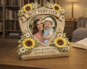 Marco de fotos personalizado "La mejor mamá del mundo" en bloques acrílicos planos 2D, placa de girasol personalizada para el Día de la Madre, regalo familiar.