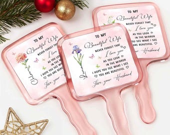 Espejo de mano personalizado para mi hermosa esposa, espejo con lirio de los valles con nombre personalizado, regalo de su esposo, recuerdo romántico