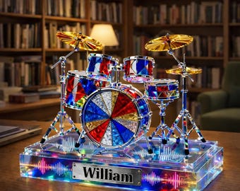 Juego de batería personalizado, regalo para amantes de la música, bloques acrílicos planos 2D, decoración de baterista con nombre personalizado y base estilo LED.