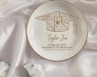 Plato para anillos con mapa universitario personalizado, bandeja para joyas de regalo de graduación, plato con mapa universitario personalizado, recuerdo de graduación de último año, regalo de la clase de 2026