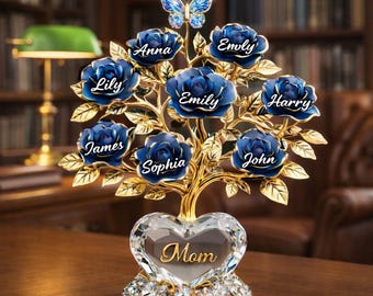 Regalo personalizado de árbol genealógico de rosas azules, bloques acrílicos planos 2D, nombres personalizados para mamá, recuerdo del Día de la Madre con base de corazón