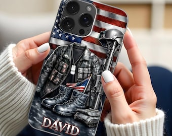 Personalized Veteran Phone Case 2D Flat, Custom Name Military iPhone Case, USA Flag Soldier Tribute Cover, Army Gift for Him
