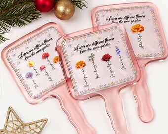 Sisters Floral Mirror, Personalized Handheld Mirror for Sisters, Custom Names Gift, Sisters Are Different Flowers Gift