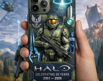 Halo Master Chief Phone Case 2D Flat, Sci-Fi Gaming Case 25 Years Anniversary 2001-2026, Cool Gamer Phone Cover