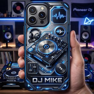 May include: A black and blue phone case featuring a DJ mixer design with the text "DJ MIKE". The case has a futuristic, neon-lit aesthetic with a waveform graphic and Pioneer DJ branding. The case is held in a hand.