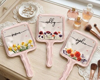 Espejo de mano floral personalizado Espejo con nombre personalizado Regalo para ella Espejo de flores silvestres Espejo compacto estético Regalo