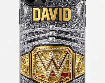 Personalisierte Wrestling Handyhülle mit Name, benutzerdefinierte Gold Gürtelhülle, Sport Fan Geschenk, WWE Style iPhone Hülle, einzigartiges Geschenk für ihn