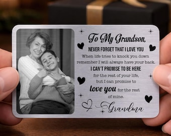 Tarjeta personalizada para nieto, regalo de la abuela, tarjeta metálica con foto personalizada, recuerdo para nieto, regalo de cumpleaños para nieto.