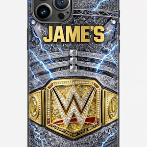 Personligt brottningsmästare-telefonskal med namn, anpassat guldfärgat bältesfodral, present till sportfan, iPhone-skal i WWE-stil, unik present till honom