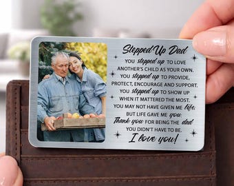 Tarjeta de felicitación para papá adoptivo, regalo para papá adoptivo, tarjeta metálica personalizada con foto, regalo para padrastro e hijo, recuerdo de agradecimiento a papá, regalo del Día del Padre