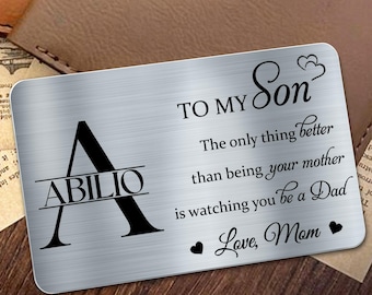 Tarjeta de bolsillo "Para mi hijo", regalo de mamá a hijo, tarjeta metálica personalizada con nombre, regalo de recuerdo para hijo, regalo de cumpleaños para hijo, tarjeta "Amo a mamá"