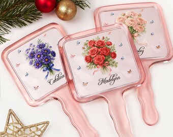 Personalized Floral Handheld Mirror with Name, Custom Name Mirror Gift for Her, Bridesmaid Gift, Birthday Gift for Women, Vanity Mirror