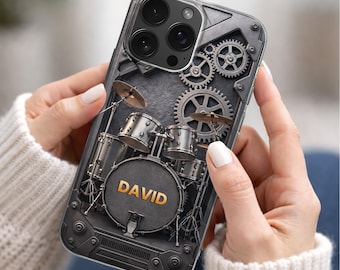 Personalized Drum Set Phone Case 2D Flat, Custom Name Drummer iPhone Case, Music Lover Gift for Him, Rock Band Drum Cover