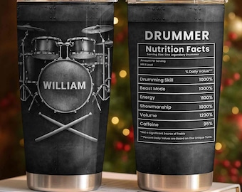 Personalisierter Schlagzeuger Becher mit Namen, personalisiertes Geschenk für Drummer William, personalisiertes Geschenk, personalisiertes Geschenk, personalisiertes Geschenk