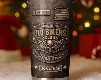 Vaso personalizado del Old Bikers Club, diseño plano 2D, nombre personalizado, calavera, motocicleta, regalo vintage para moteros, copa de miembro vitalicio.