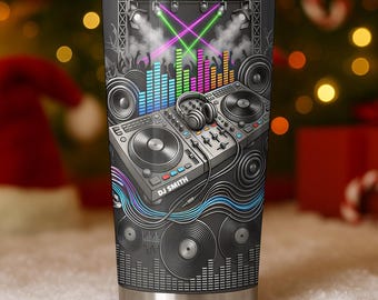 Vaso personalizado para DJ, diseño plano 2D, taza personalizada con nombre de DJ, regalo para amantes de la música, diseño de controlador de DJ para fiestas, taza de viaje para mezclador de club.