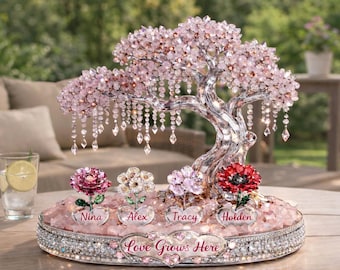 Bloques acrílicos planos 2D "Love Grows Here Crystal Tree": regalo personalizado con el nombre de la familia, recuerdo de flor de nacimiento para mamá y abuela