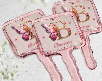 Espejo de mano personalizado con inicial de mariposa, espejo con monograma y nombre personalizado, regalo para ella, espejo compacto de estética rosa.