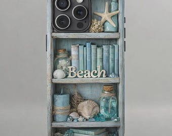 Custom name Beach Bookshelf Phone Case, Coastal iPhone Case, Nautical Seashell Aesthetic Cover, Ocean Lover Gift, Rustic Beach Phone Case