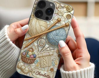Personalized Knitting Phone Case 2D Flat, Custom Name Yarn Lover iPhone Case, Crochet Knit Gift for Her, Cozy Craft Aesthetic Cover