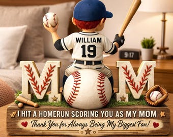Bloques acrílicos planos 2D "Béisbol, pegué un jonrón" para mamá: regalo personalizado para su hijo, decoración personalizada con nombre y número de camiseta.