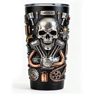 May include: Black stainless steel tumbler with a skull and engine parts design. The design includes a silver skull, engine components, and the text "ANIVIA". The tumbler is designed to keep drinks hot or cold.