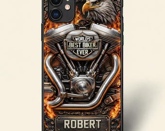 Personalized Biker Phone Case 2D Flat, Custom Name Motorcycle Engine Eagle Design Case, World's Best Biker Gift Phone Cover