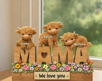 Regalo personalizado para mamá de vaca de las Tierras Altas: bloques acrílicos planos 2D, letrero personalizado con nombre de mamá para niños, recuerdo del Día de la Madre en una granja.