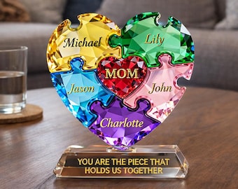 Rompecabezas de corazón personalizado para mamá, bloques acrílicos planos 2D, recuerdo personalizado con nombre de niño, "Eres la pieza que nos sostiene", decoración para el Día de la Madre