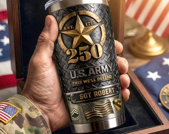 Regalo personalizado de soldado del ejército, vaso militar con nombre personalizado, regalo patriótico para veterano, vaso plano 2D para veterano del 250.º aniversario del ejército de EE. UU.