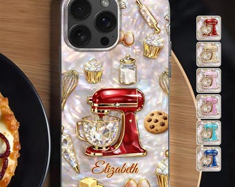 Personalized Baking Phone Case 2D Flat, Custom Name Baker iPhone Case, Iridescent Kitchen Mixer Cover, Pastry Chef Gift for Her