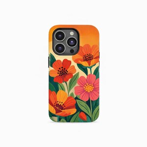 Retro Floral Phone Case, Orange Vintage Flower Phone Case, Bold Botanical Design, Aesthetic Nature Case, Cute Gift for Her