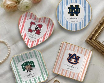 Personalized College Ring Dish, Custom University Striped Jewelry Tray, Class of 2026 Graduation Gift, School Pride Keepsake Dish with Name