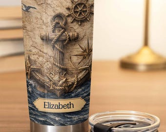 Vaso náutico personalizado con ancla, regalo marinero con nombre personalizado, taza oceánica con brújula vintage, regalo marítimo para hombres, taza de viaje para amantes de la playa.
