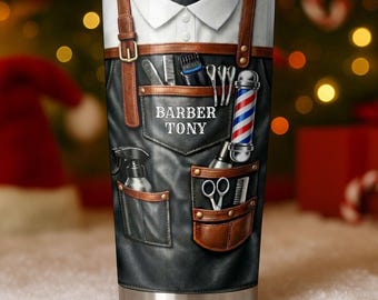 Vaso de barbero personalizado 2D plano, delantal de peluquero con nombre personalizado, taza para herramientas de barbería, regalo para estilistas.
