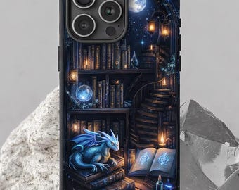 Fantasy Dragon Phone Case, Dark Academia iPhone Case, Blue Dragon Book Lover Gift, Magical Library Aesthetic Cover, Fantasy Art Phone Case