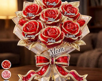 Ramo de rosas personalizado para mamá, bloques acrílicos planos 2D, recuerdo personalizado con nombre de niño, regalo para el Día de la Madre, regalo de cumpleaños para mamá.