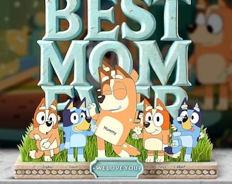 Bloque acrílico personalizado "La mejor mamá del mundo", regalo familiar personalizado con dibujos animados y nombres de los niños, bonito recuerdo para mamá, idea de regalo para el Día de la Madre.