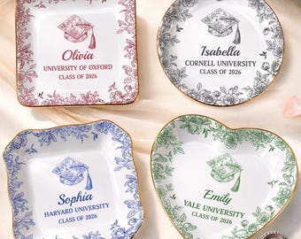 Plato personalizado para anillos de graduación, bandeja personalizada para joyas universitarias, regalo de graduación, plato de recuerdo de la promoción de 2026, nombre y escuela personalizados.