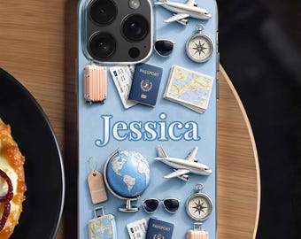 Travel Lover Phone Case 2D Flat Personalized, Custom Name iPhone Case for Women, Vacation Airplane Passport Luggage Gift
