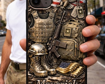 Personalized Military Phone Case 2D Flat, Custom Name Veteran Army Tribute Case, USA Soldier Tactical Gear Phone Cover