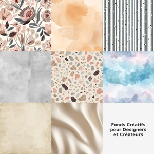Peut inclure: Une collection de neuf fonds d'écran à motifs. Les motifs comprennent des motifs floraux, des lavis d'aquarelle, des rayures verticales avec des points, une texture de béton, du terrazzo, des nuages d'aquarelle, du papier vieilli et du tissu satiné. Le texte en bas à droite indique "Fonds Créatifs pour Designers et Créateurs."