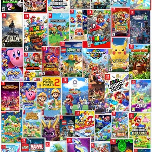 以下が含まれることがあります： 様々なNintendo Switchゲームのケースのコレクション。カラフルなアートワークが特徴です。マリオ、ゼルダ、ポケモン、カービィなどのゲームが含まれており、様々なジャンルとキャラクターを紹介しています。ケースはグリッド状に配置されています。