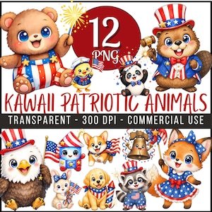 Puede incluir: Un conjunto de 12 imágenes PNG de Kawaii Patriotic Animals. Las ilustraciones presentan varios animales, como un oso, un patito, un panda, un castor, un águila, un corgi, un conejo, un cachorro, un mapache y un zorro, vestidos con atuendos patrióticos.