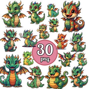 May include: A collection of cartoon dragons in various poses and colors, including green, orange, and blue. The dragons have wings, horns, and smiling faces. The image includes the text "30 png" in a pink circle.