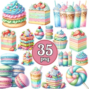 May include: A collection of watercolor illustrations featuring various desserts. The image includes cakes, cupcakes, macarons, waffles, and milkshakes, all decorated with colorful frosting and fresh fruit. A pink circle in the center displays the number "35" and the letters "png".