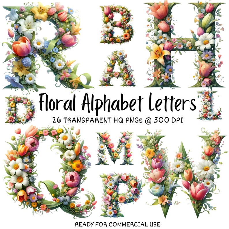 Floral Alphabet PNG Bundle, 26 Flower Capital Letters A-Z Bundle ...